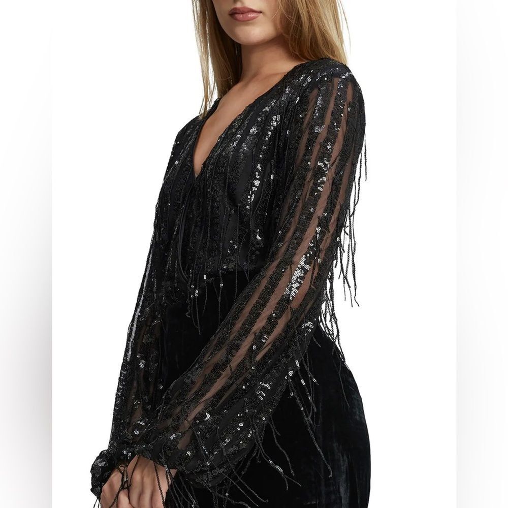BARDOT Celestial Sequin Fringe Wrap Bodysuit in Black